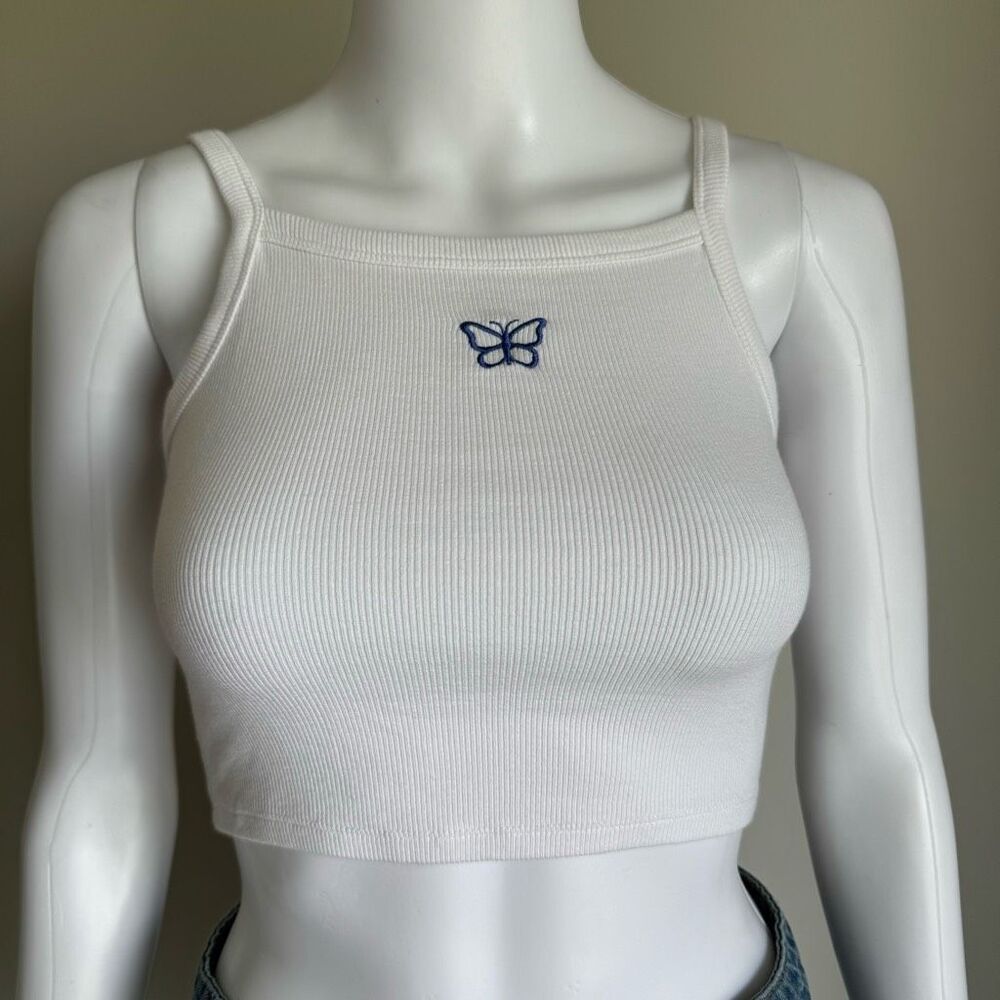 Garage White Ribbed Embroidered Butterfly Cropped Tank Top